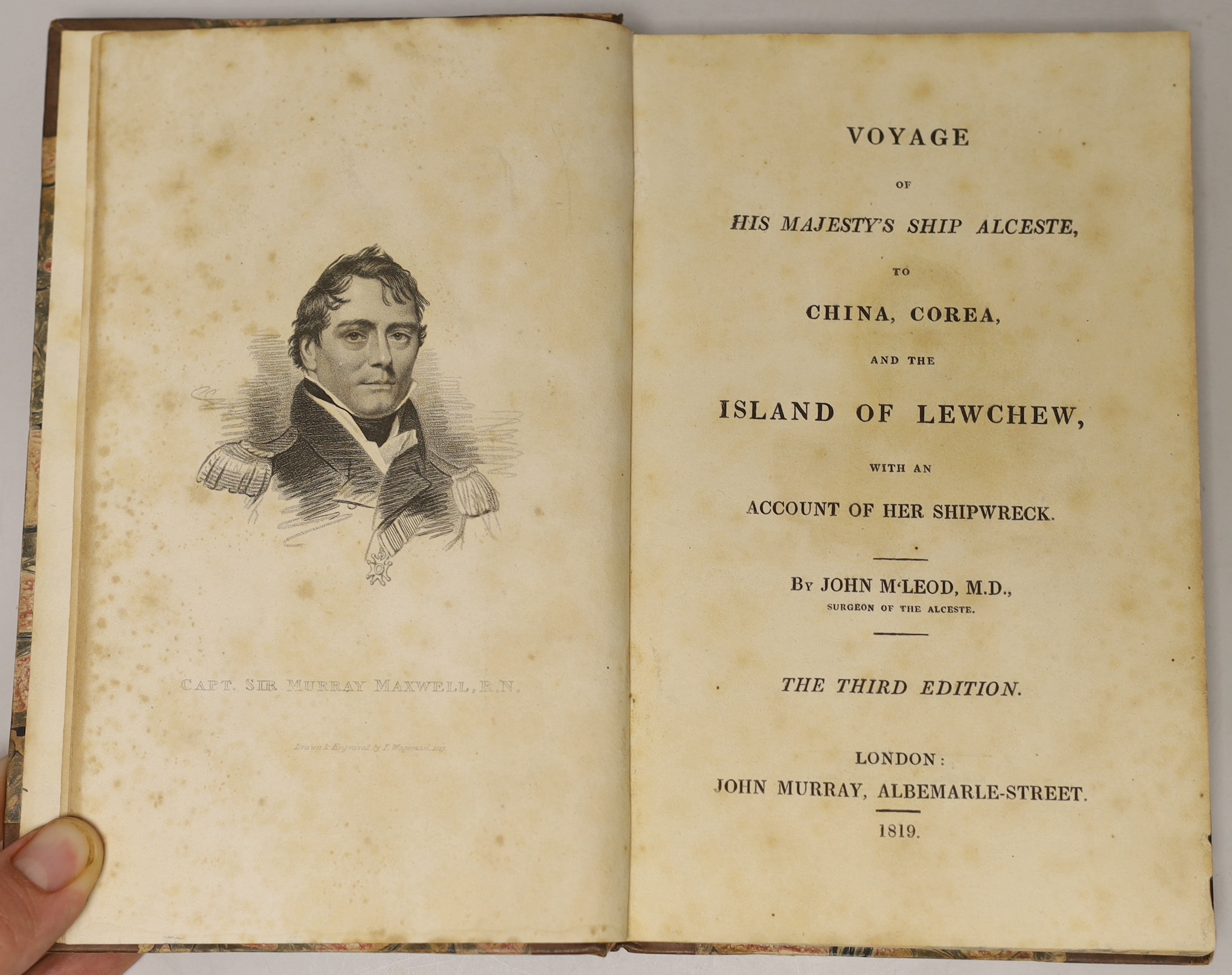 M'Leod, John - Voyage of Her Majesty's Ship Alceste, to China, Corea, and the Island of Lewchew, with an account of her shipwreck. 3rd edition, portrait frontis., folded chart and five coloured aquatint plates; contemp.
